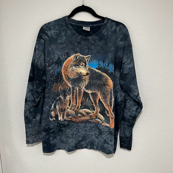 Vintage 90’s Back To Earth Mens Black Hand Tie Dye‎ Wolves Graphic T-Shirt Large - Picture 1 of 7